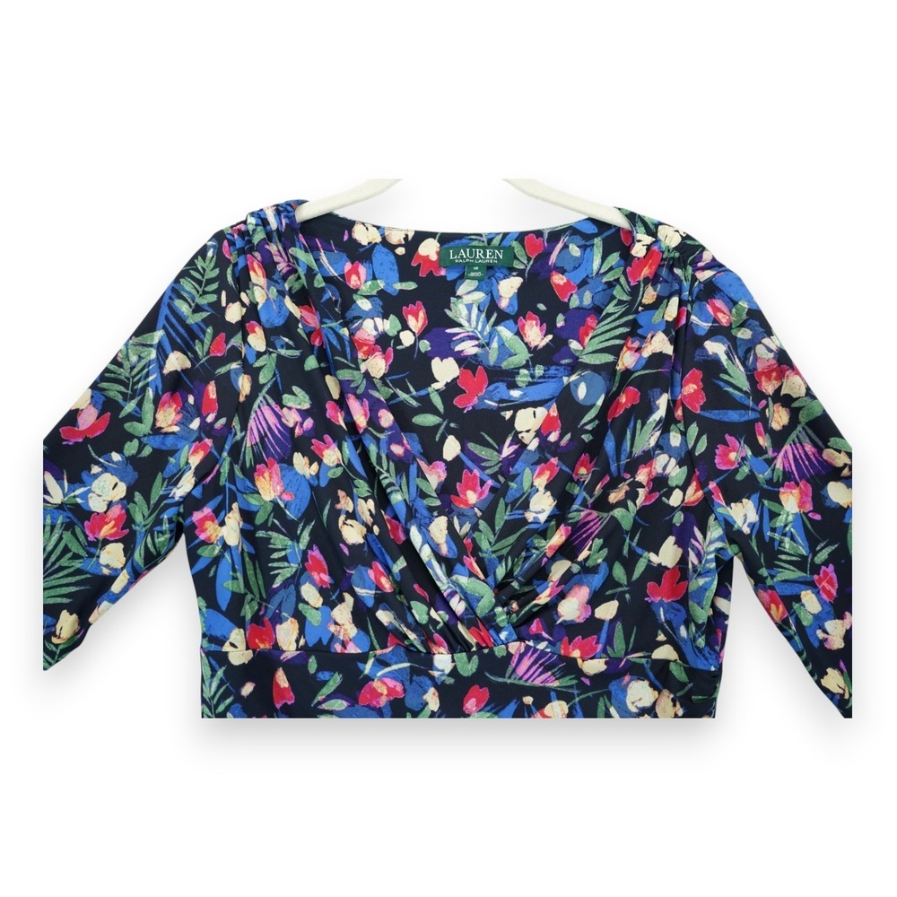 Lauren Ralph Lauren Floral Stretch Jersey Dress Size 12 Short Sleeve Vneck EUC - Picture 4 of 7